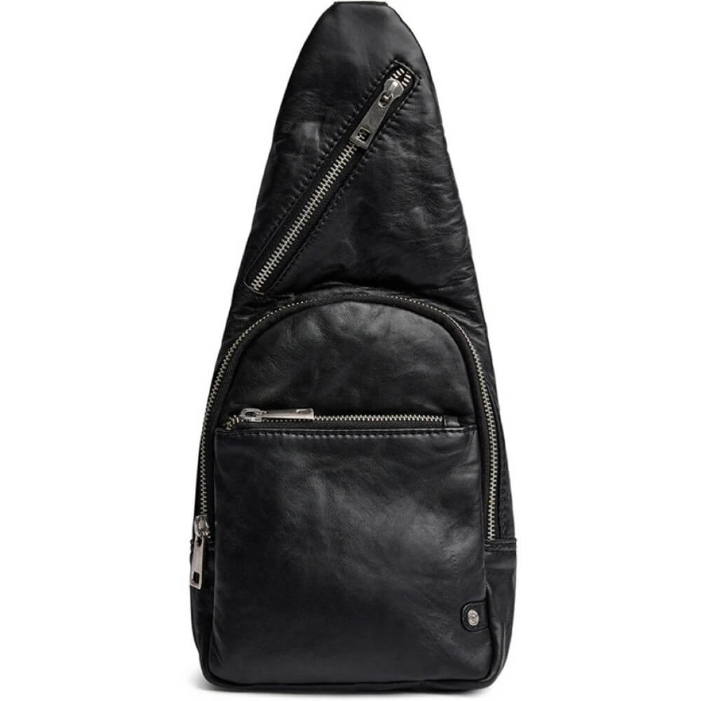 Black Leather Shoulder Bag With silver zips Depeche