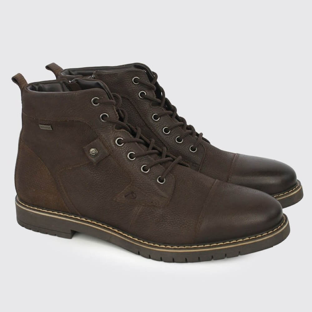 A Pair of Dubarry dark brown leather lace-up ankle boots with a rugged sole, shown from a side profile on a light grey background.