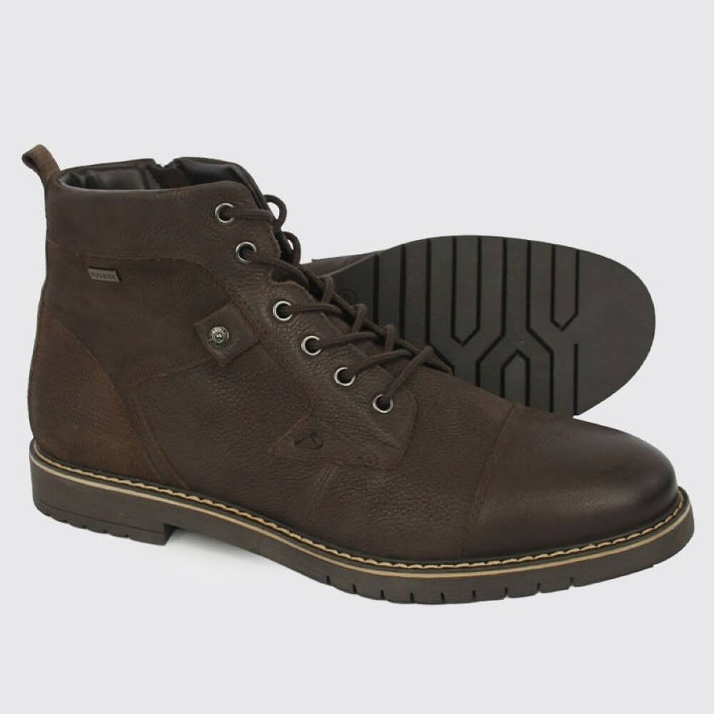 A pair of Dubarry dark brown leather lace-up ankle boots, with one boot standing upright and the other lying flat to show the treaded outsole, set against a light grey background.