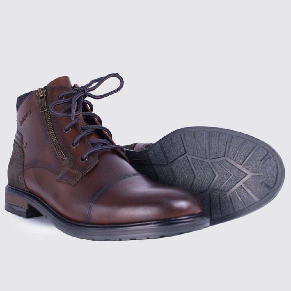 A pair of Dubarry men's brown leather lace-up ankle boots, with one boot standing upright showing the side zipper and toe cap, and the other lying on its side to display the textured black outsole.