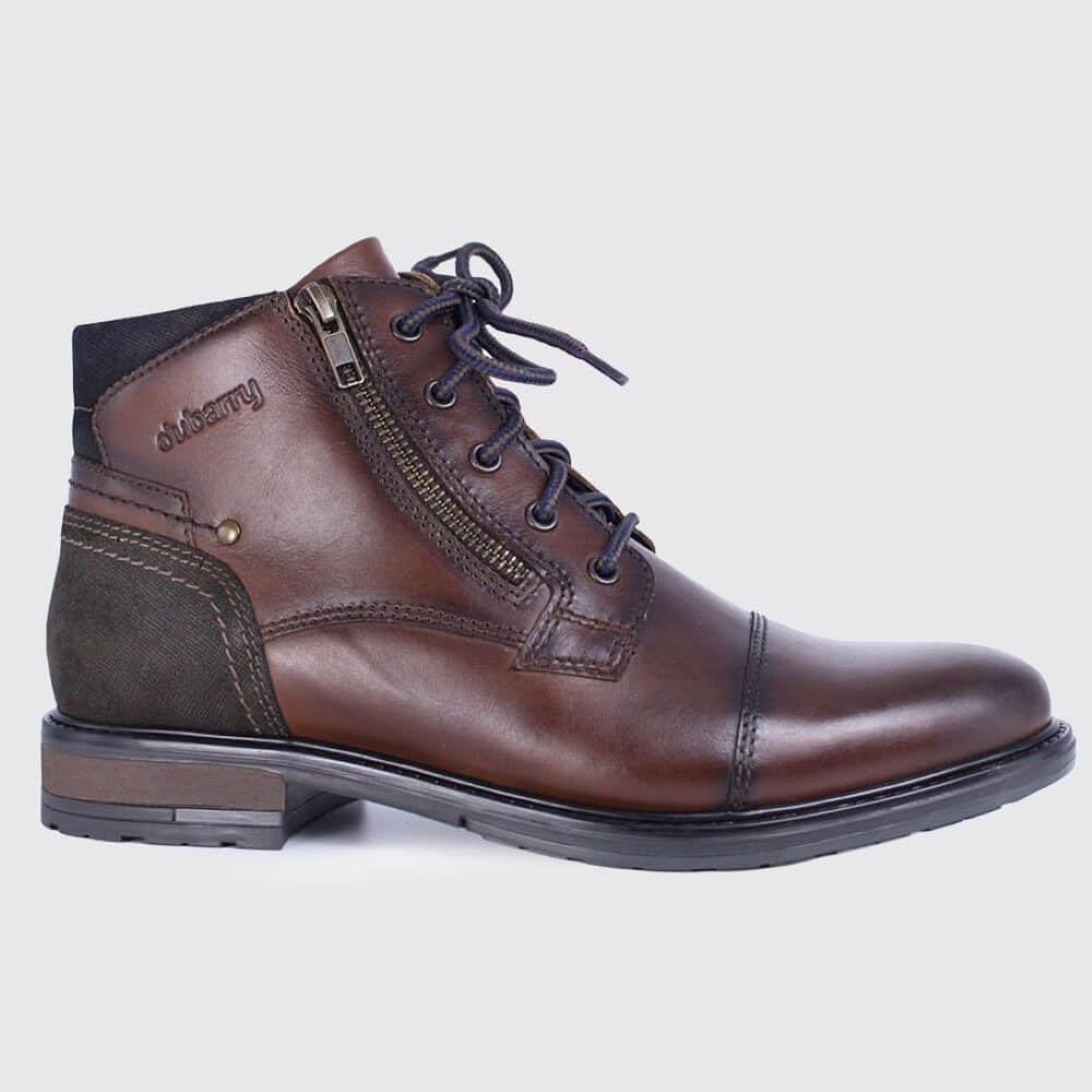 Dubarry dark brown leather lace-up ankle boot with a side zipper, dark laces, and a low stacked heel, shown on a light grey background.