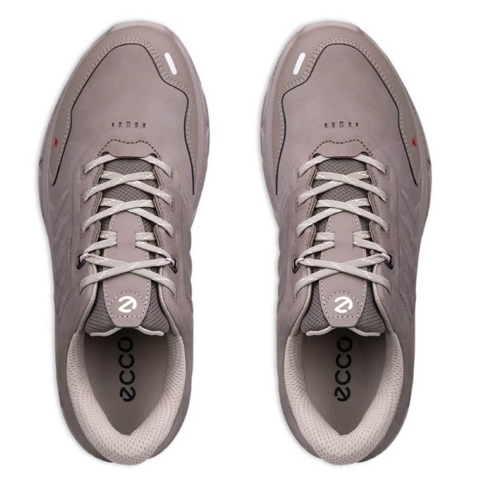 A pair of ECCO waterproof walking shoes in a muted taupe-grey colour, shown from a top-down view on a plain white background.