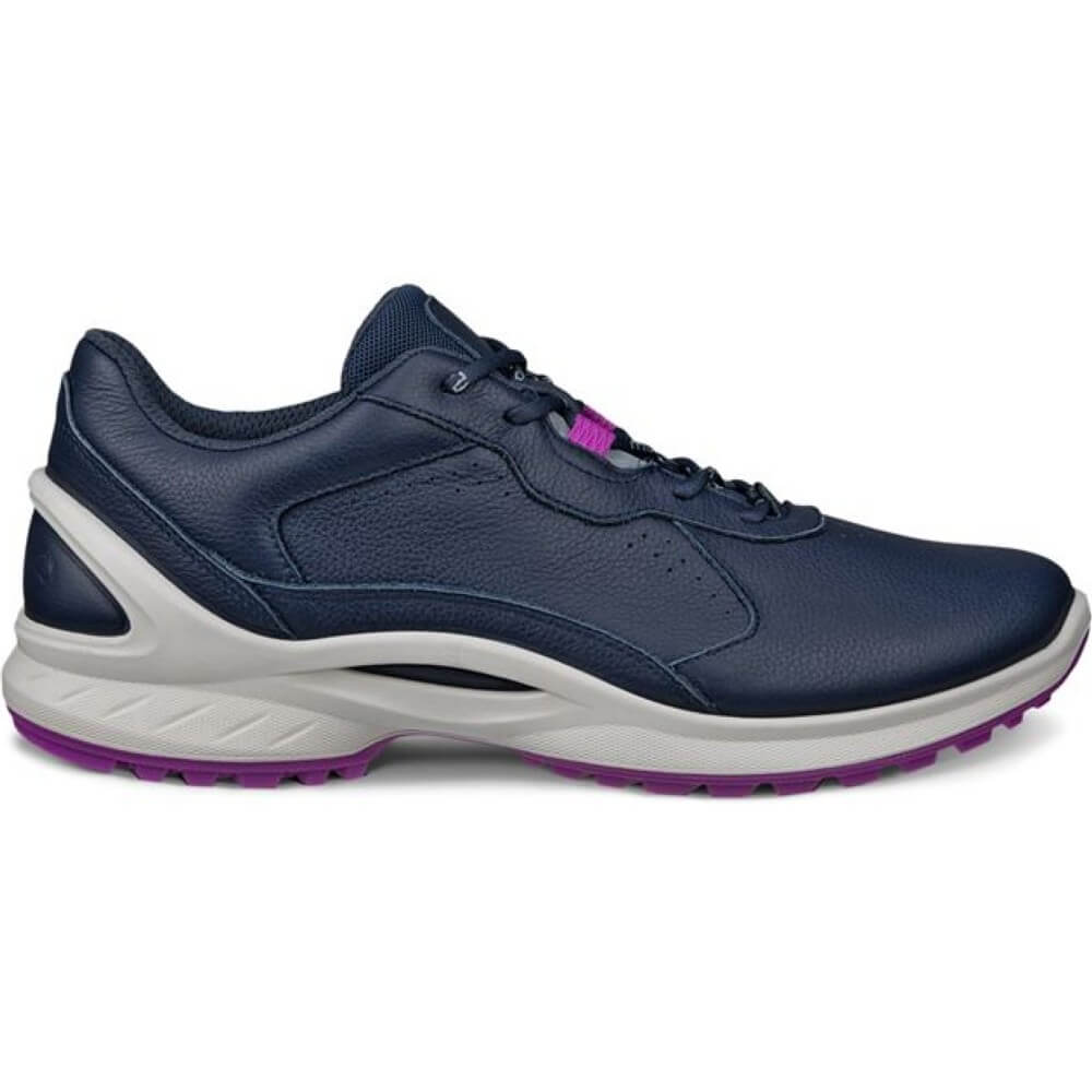 Navy running shoe with white sole and purple accents on a white background