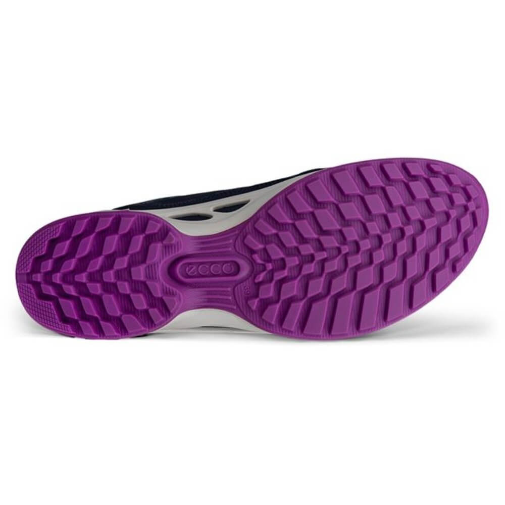 Close-up of a shoe sole with purple tread pattern on a white background