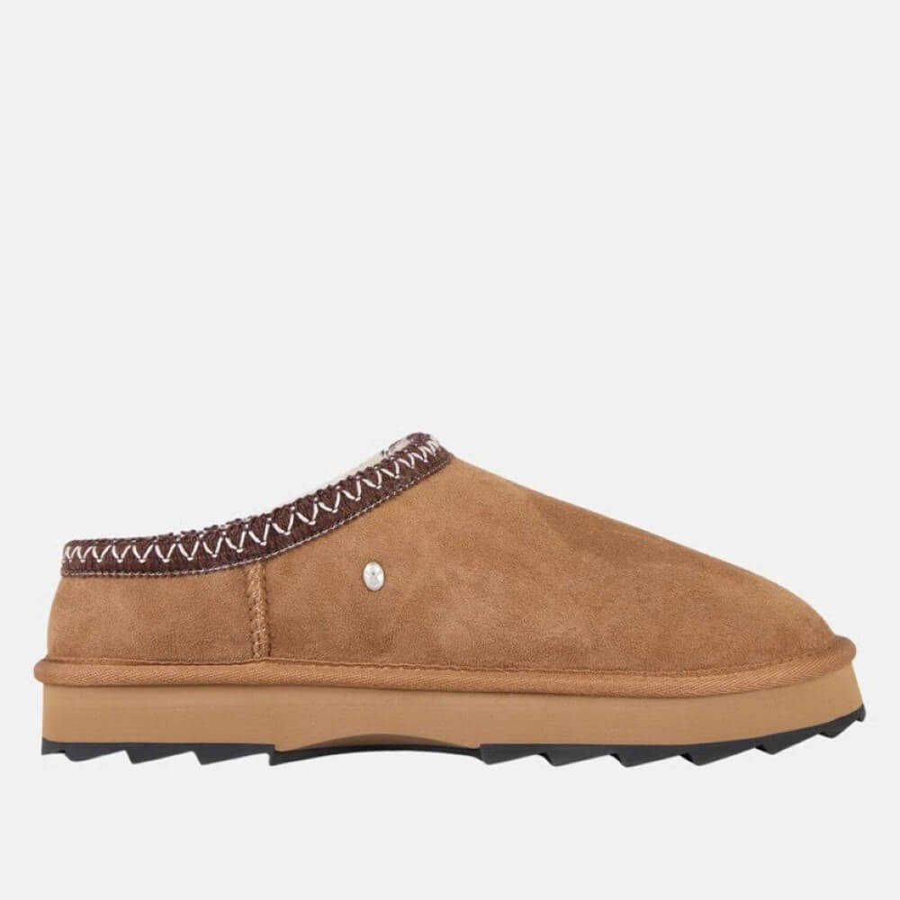 Brown slipper with decorative trim on a white background EMU Sharky Scuff Chestnut