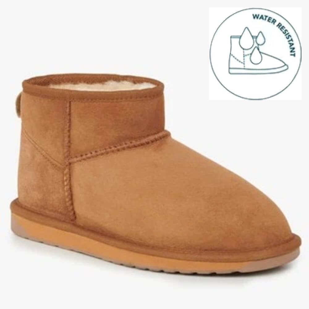 Tan suede boot with water-resistant label on a white background EMU Stinger Micro Chestnut