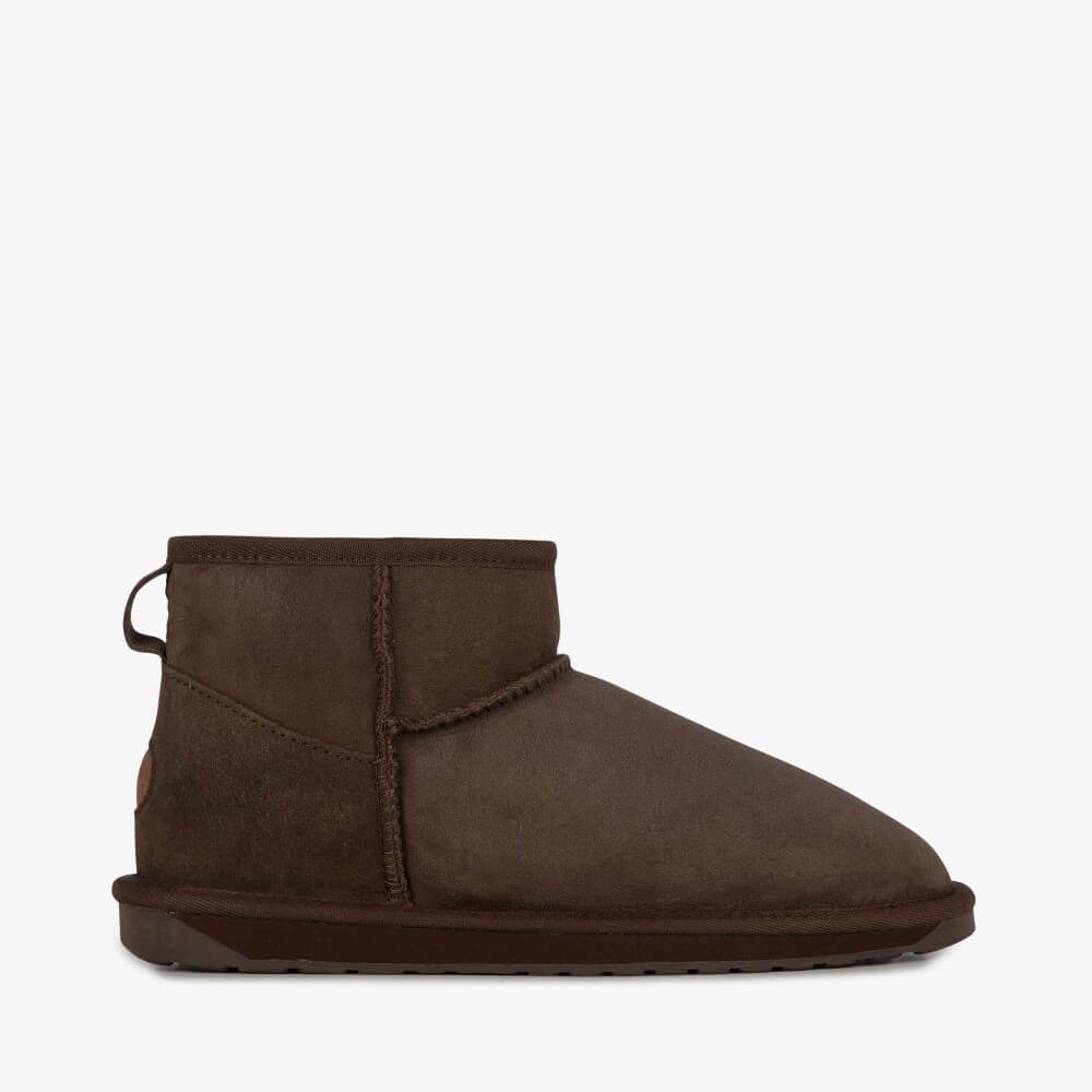 EMU Brown suede ankle boot on a white background EMU Stinger Micro Chocolate