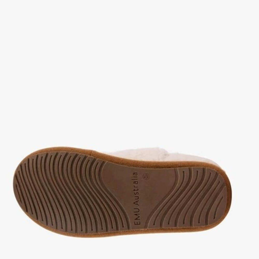 Brown sole of a shoe with 'EMU Australia' branding on a white background