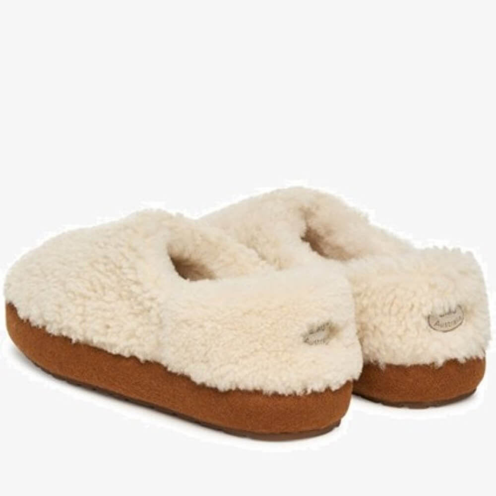 Pair of cream-colored slippers with brown soles on a white background EMU Aston Sheepskin Slippers Natural