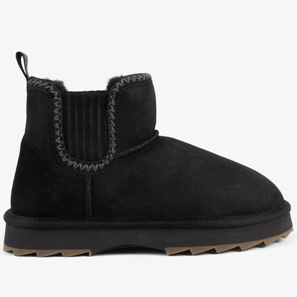 Black suede ankle boot with gray trim on a white background EMU Higgie Black