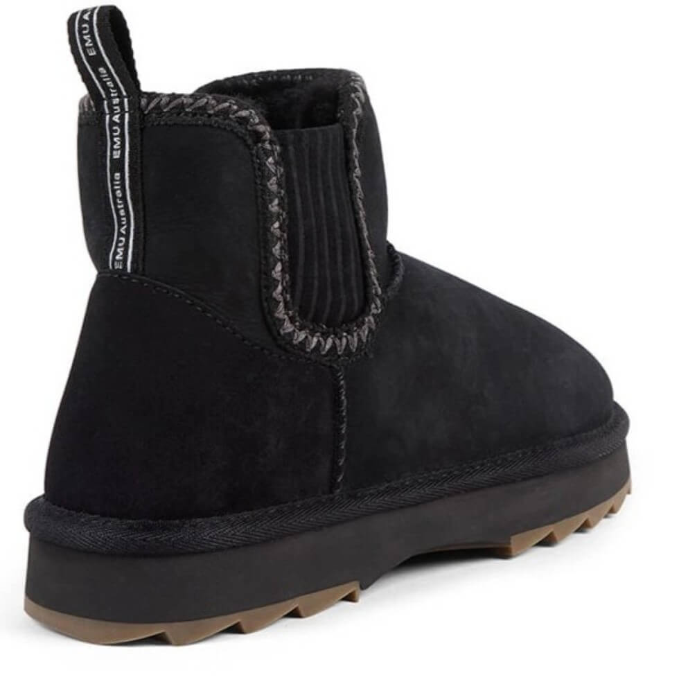 Black ankle boot with brown sole on a white background EMU Higgie Black