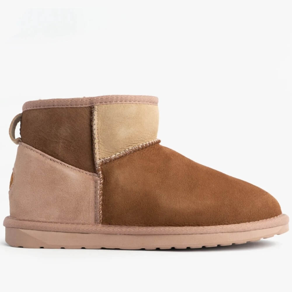 Brown and beige suede ankle boot on a white background EMU Stinger Micro Patchwork