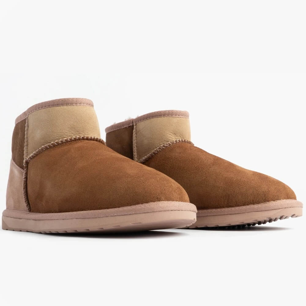 Pair of brown suede boots on a white background EMU Stinger Micro Patchwork