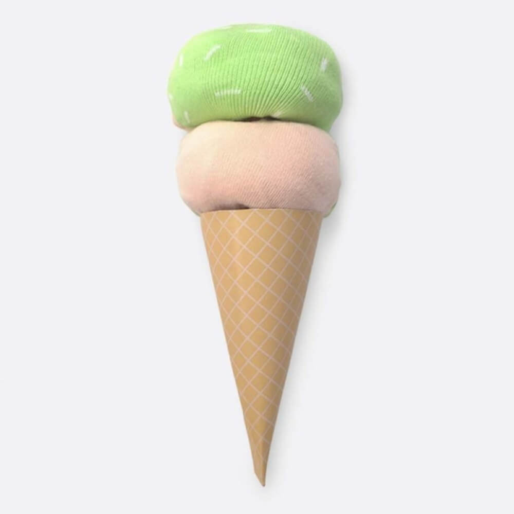 Pair of green and cream socks packaged like an ice-cream