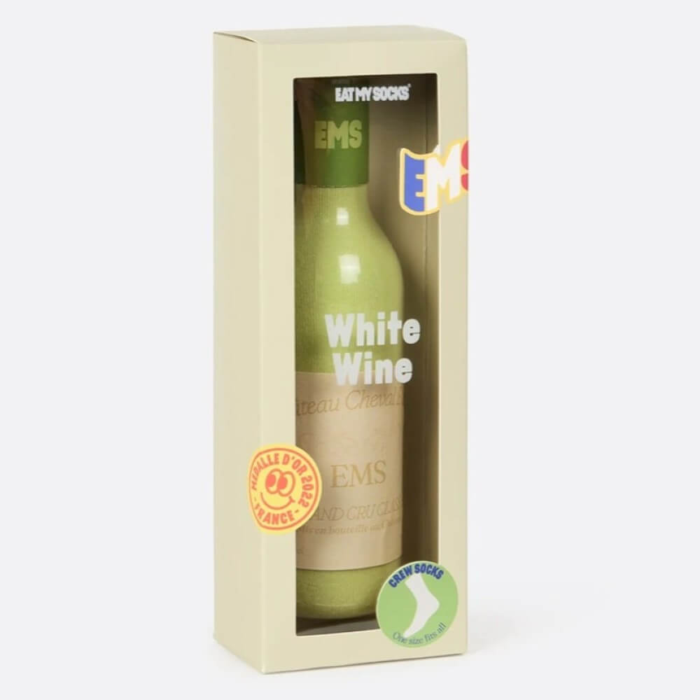 Pair of Green and white socks made to look like a wine bottle