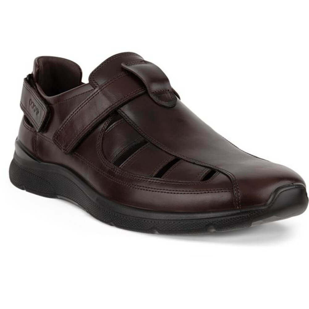 Ecco Brown Fisherman sandal with Velcro straps on a white background