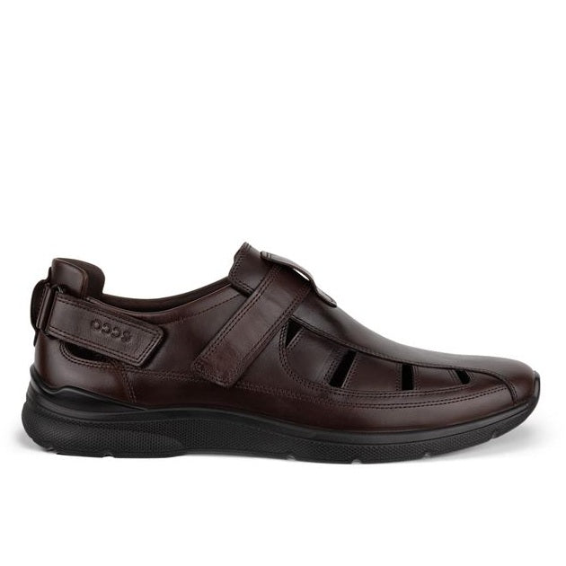 Ecco Brown Fisherman sandal with Velcro straps on a white background