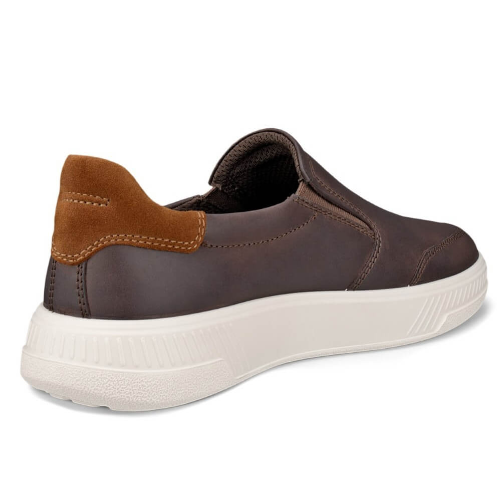 Ecco Brown slip-on sneaker with white sole on a white background