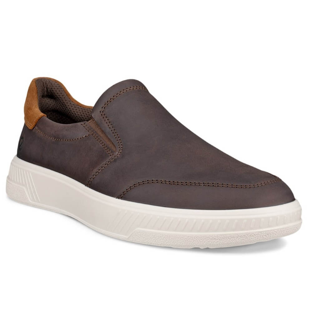 Ecco Brown slip-on sneaker with white sole on a white background