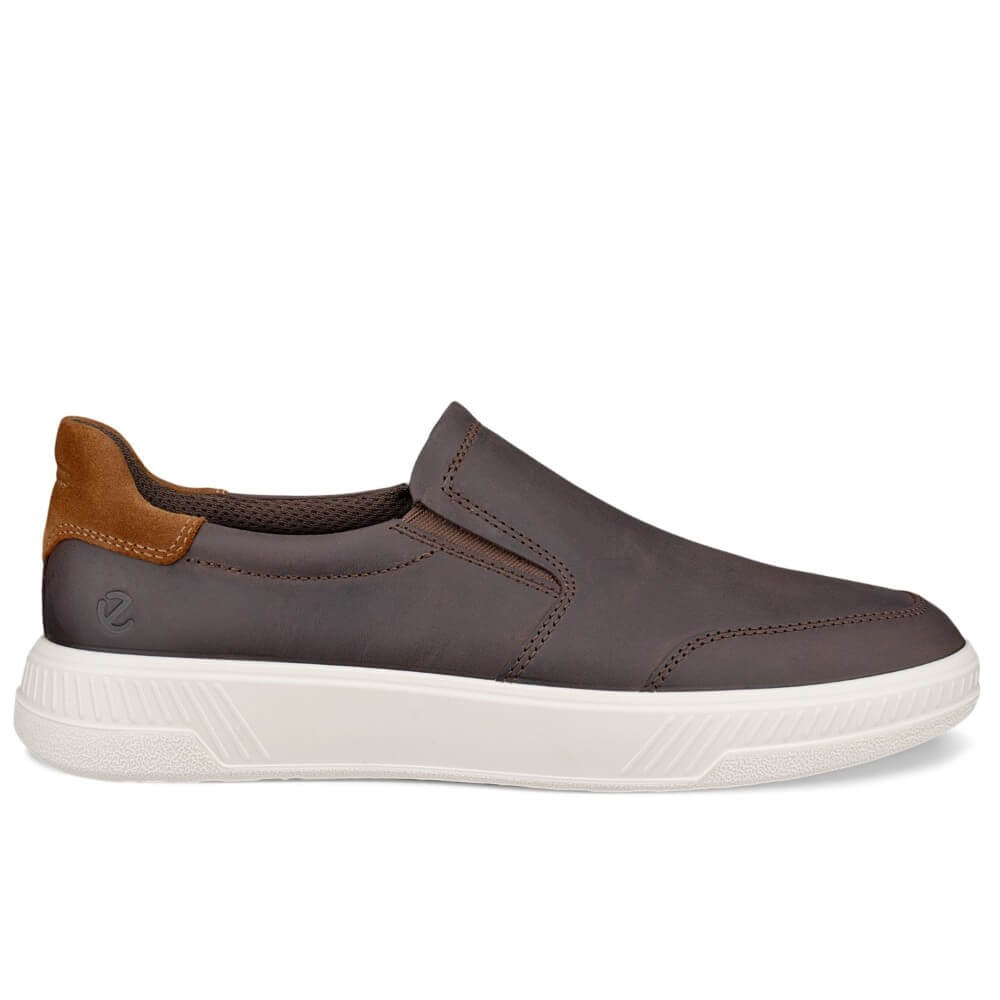 Ecco Brown slip-on sneaker with white sole on a white background