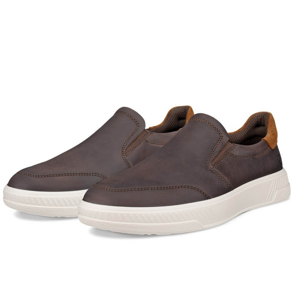 Pair of Ecco brown slip-on shoes with white soles on a white background