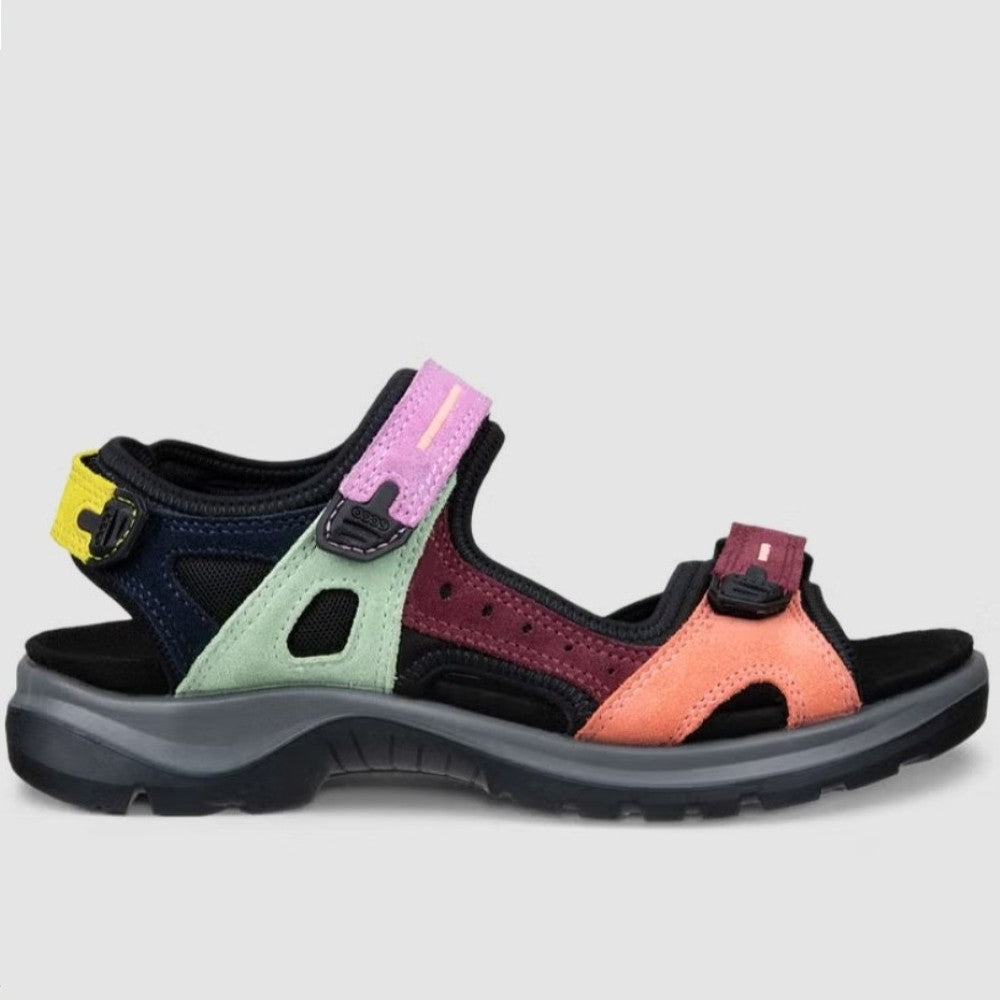 Ecco Multi-coloured Walking sandal with Velcro straps on a light grey background