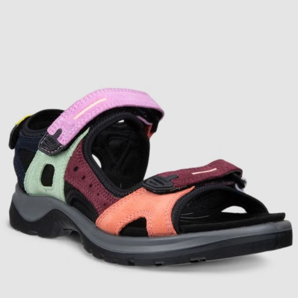 Ecco Multi-coloured Walking sandal with Velcro straps on a light grey background