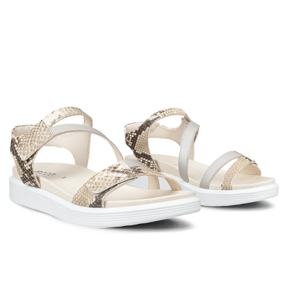 Pair of Ecco Beige sandals with snake print straps on a white background