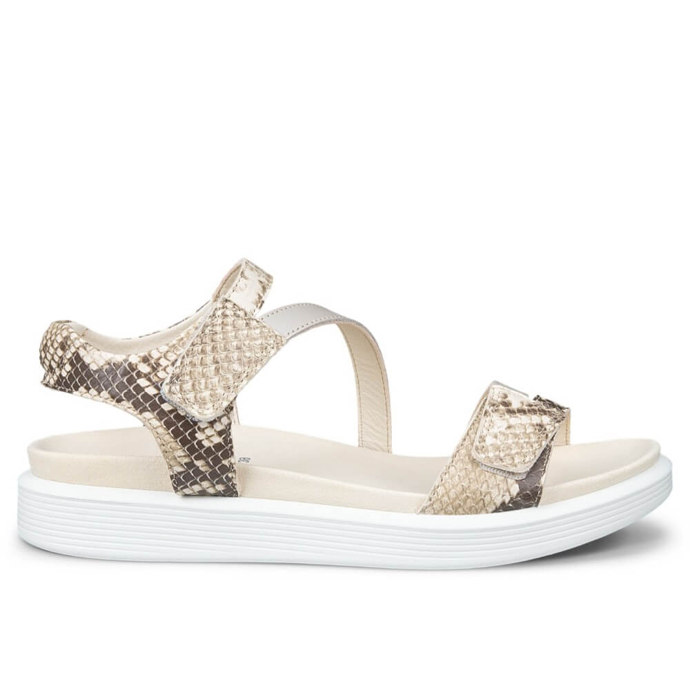 Ecco Beige sandal with snake print straps on a white background