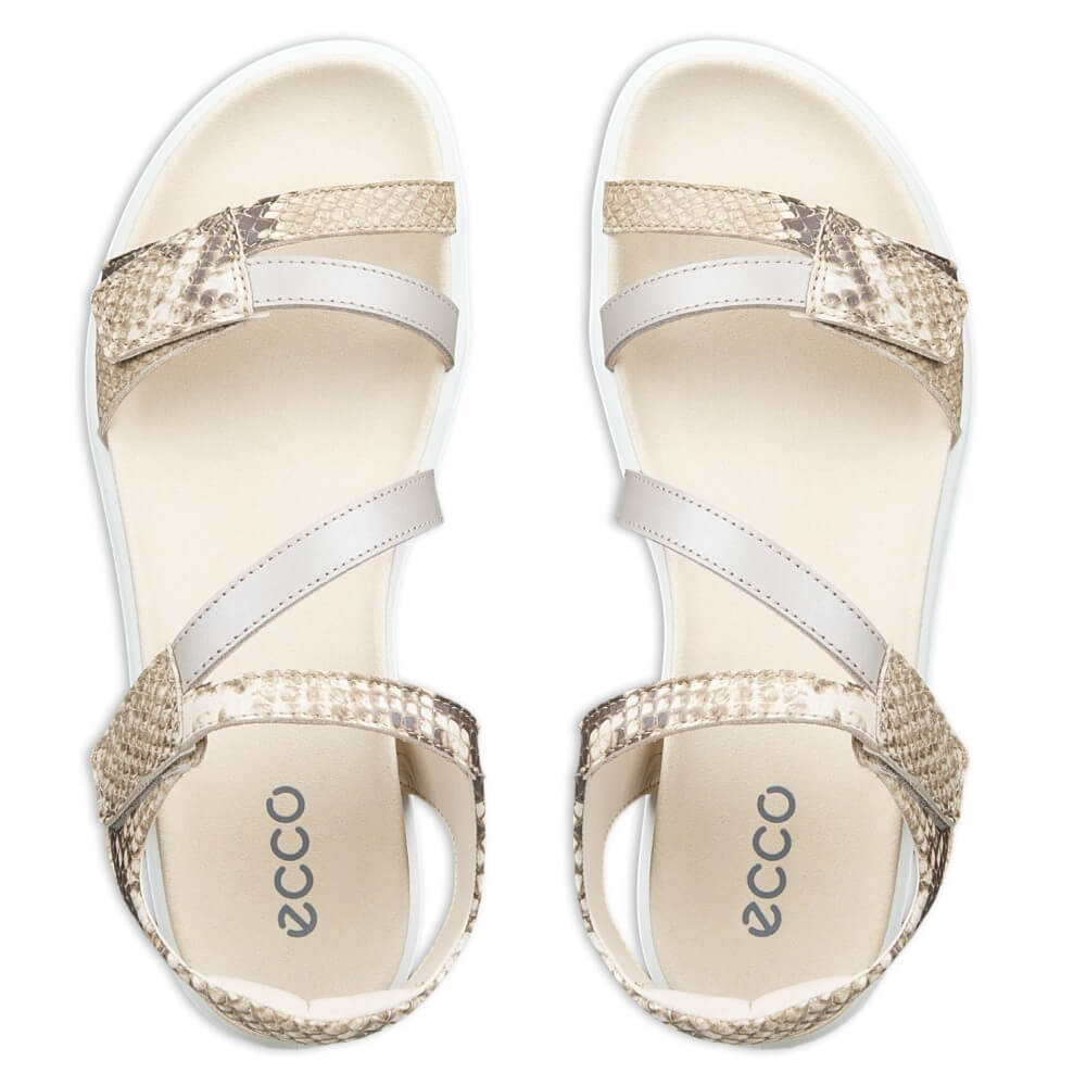 Pair of Ecco Beige sandals with snake print straps on a white background