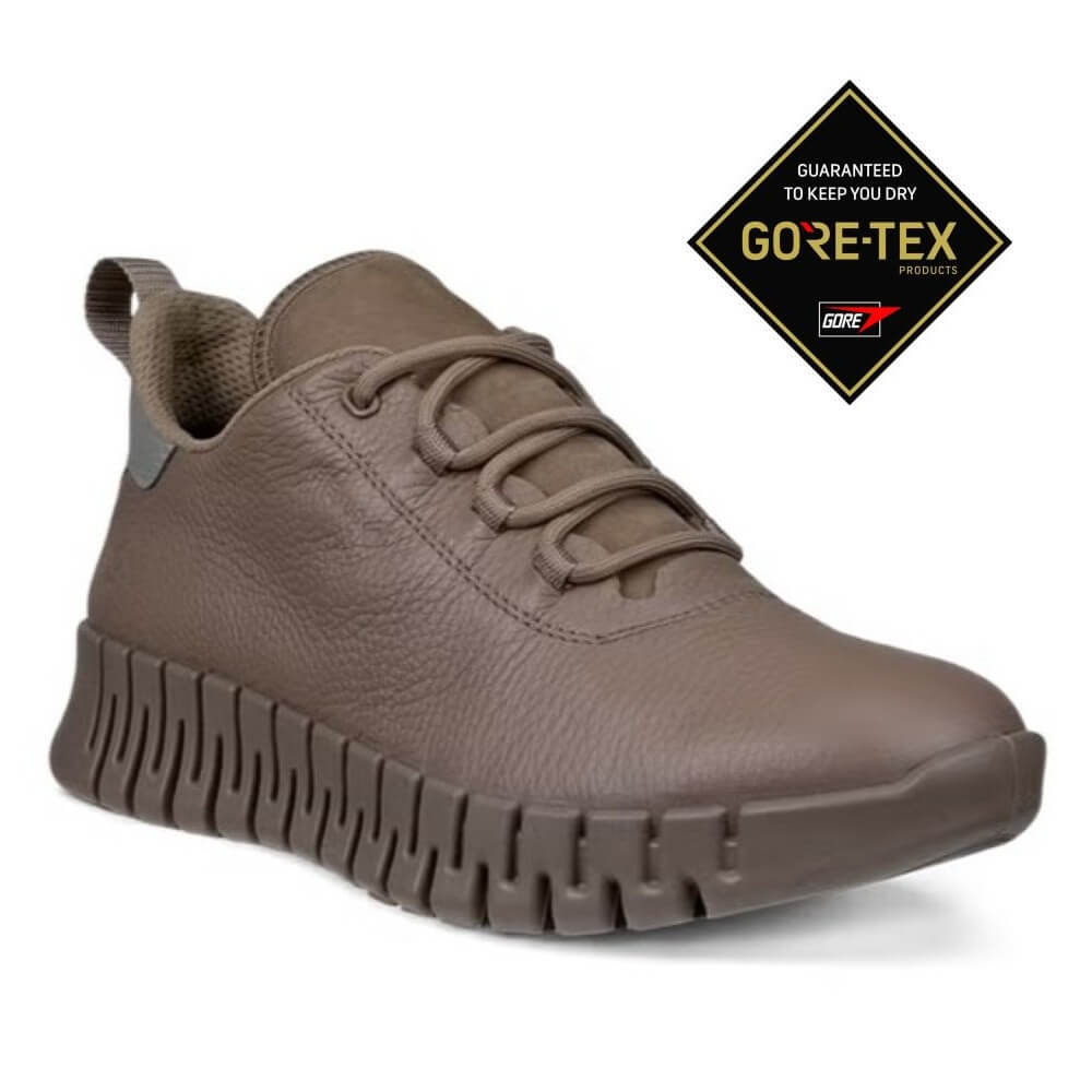 Brown shoe with GORE-TEX logo on a white background