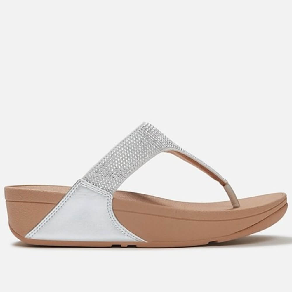 Fitflop Silver sandal with brown sole on a white background