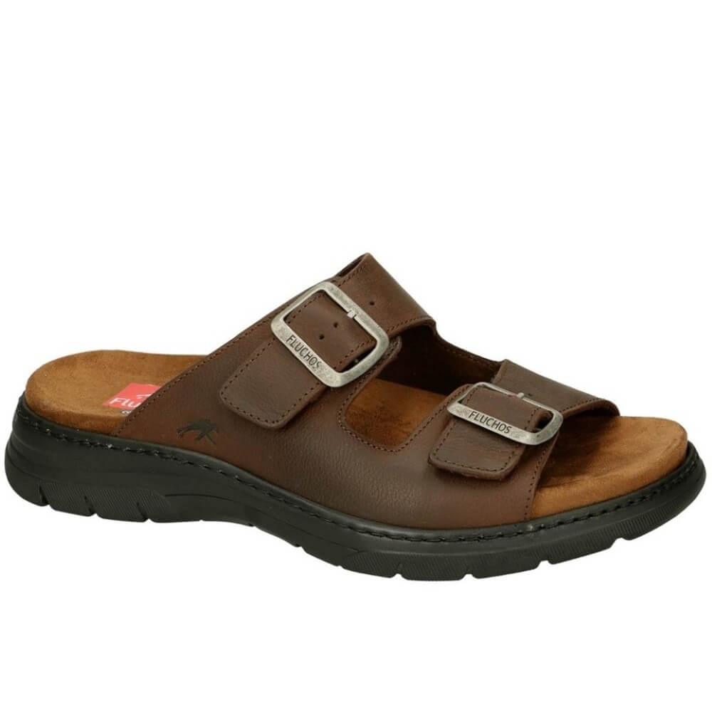 Fluchos Brown leather sandal with two straps on a white background