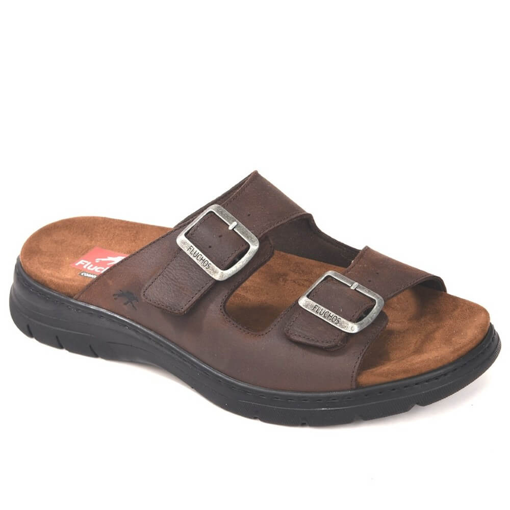 Fluchos Brown leather sandal with two straps on a white background