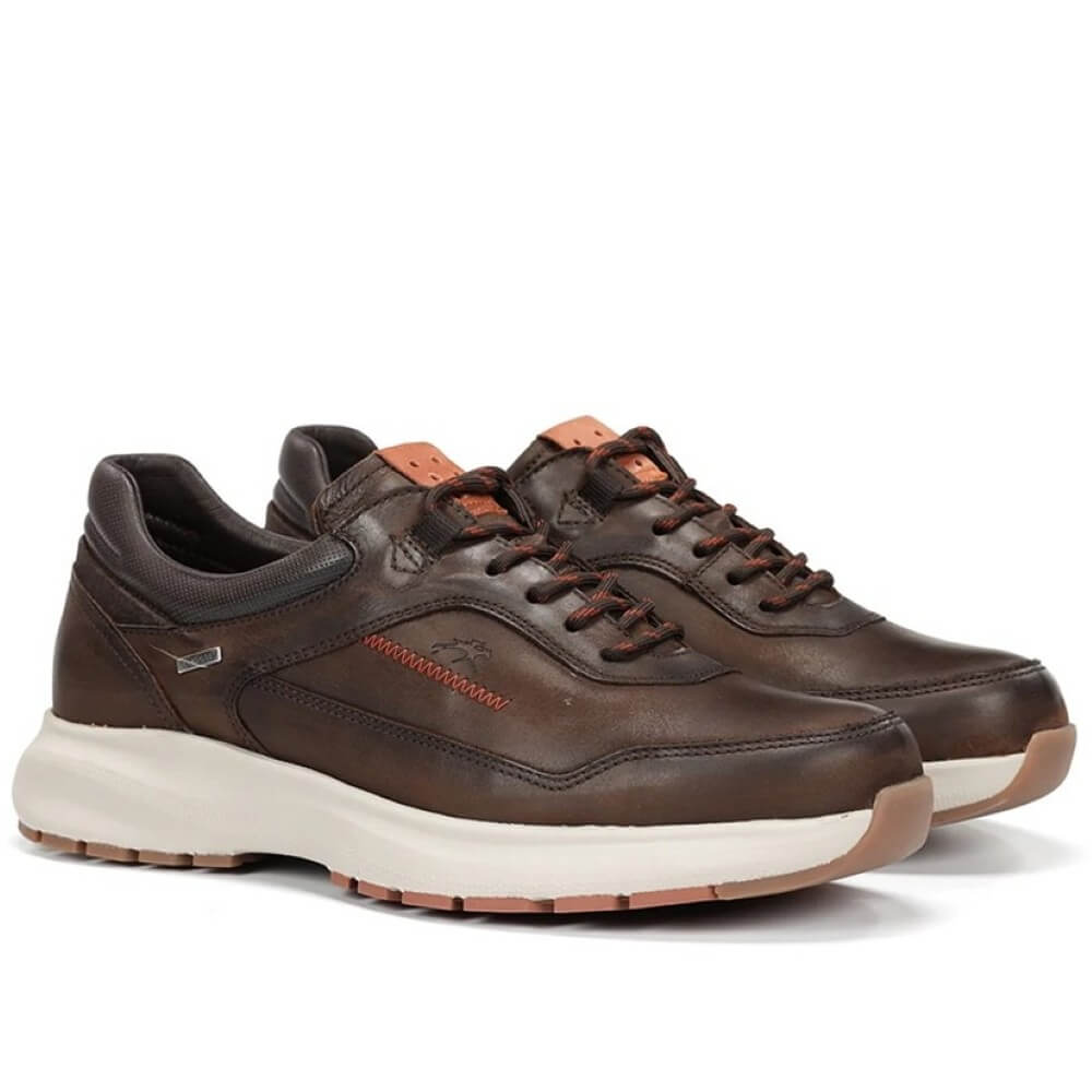 Brown leather shoe with a waterproof label on a white background Fluchos Triton F2069 Waterproof Leather Laced Shoe Caffee Brown