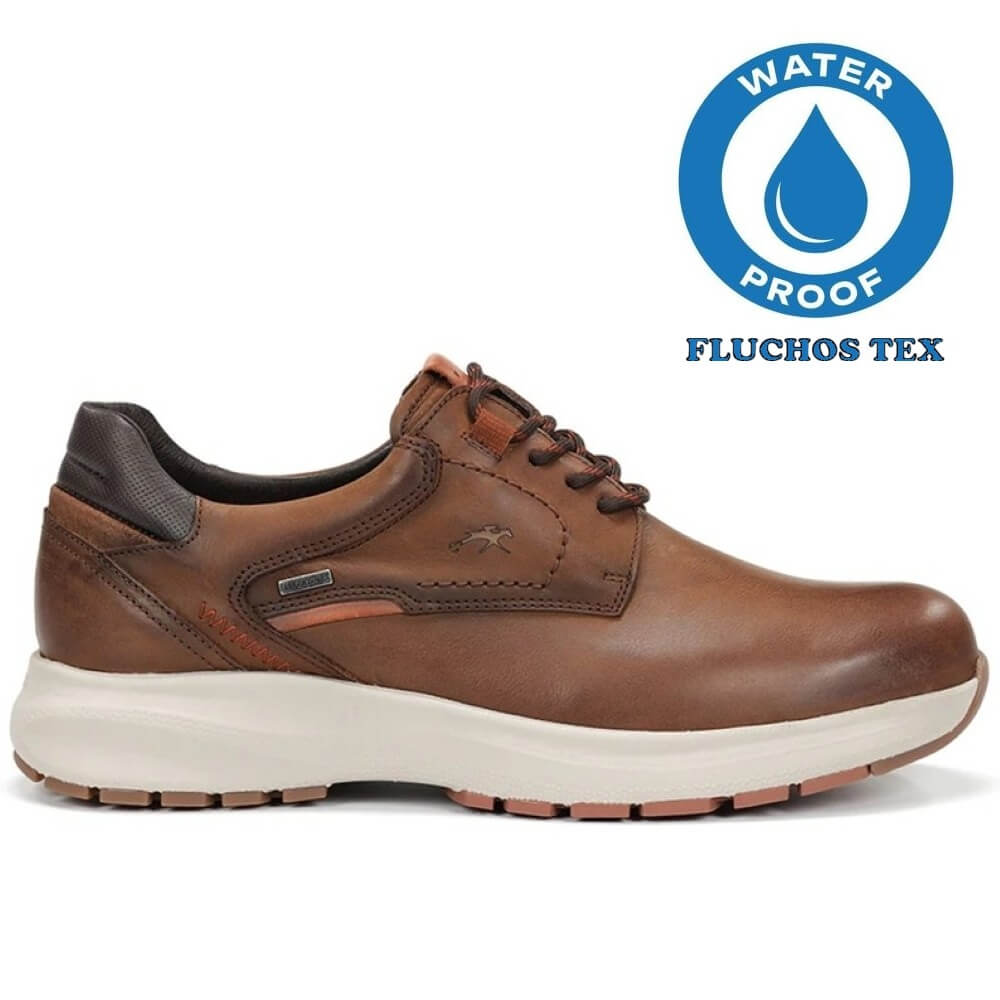 Brown leather shoe with white sole on a white background, featuring a waterproof label. Fluchos Triton TEX F2067 Waterproof Leather Laced Shoe Nut Brown