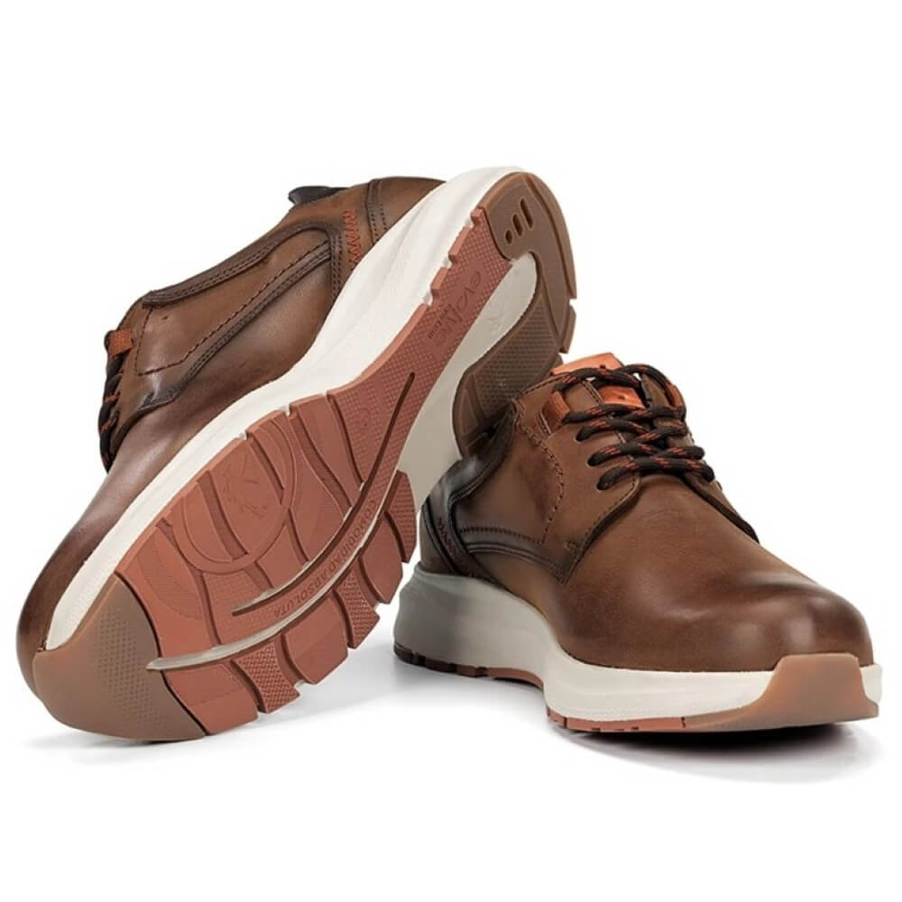 Brown leather shoe with white sole on a white background, featuring a waterproof label. Fluchos Triton TEX F2067 Waterproof Leather Laced Shoe Nut Brown