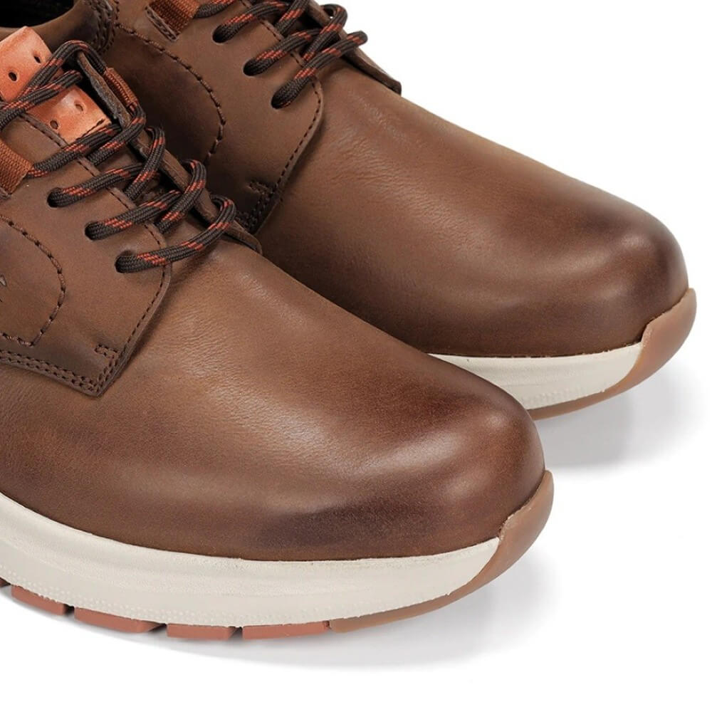 Brown leather shoe with white sole on a white background, featuring a waterproof label. Fluchos Triton TEX F2067 Waterproof Leather Laced Shoe Nut Brown