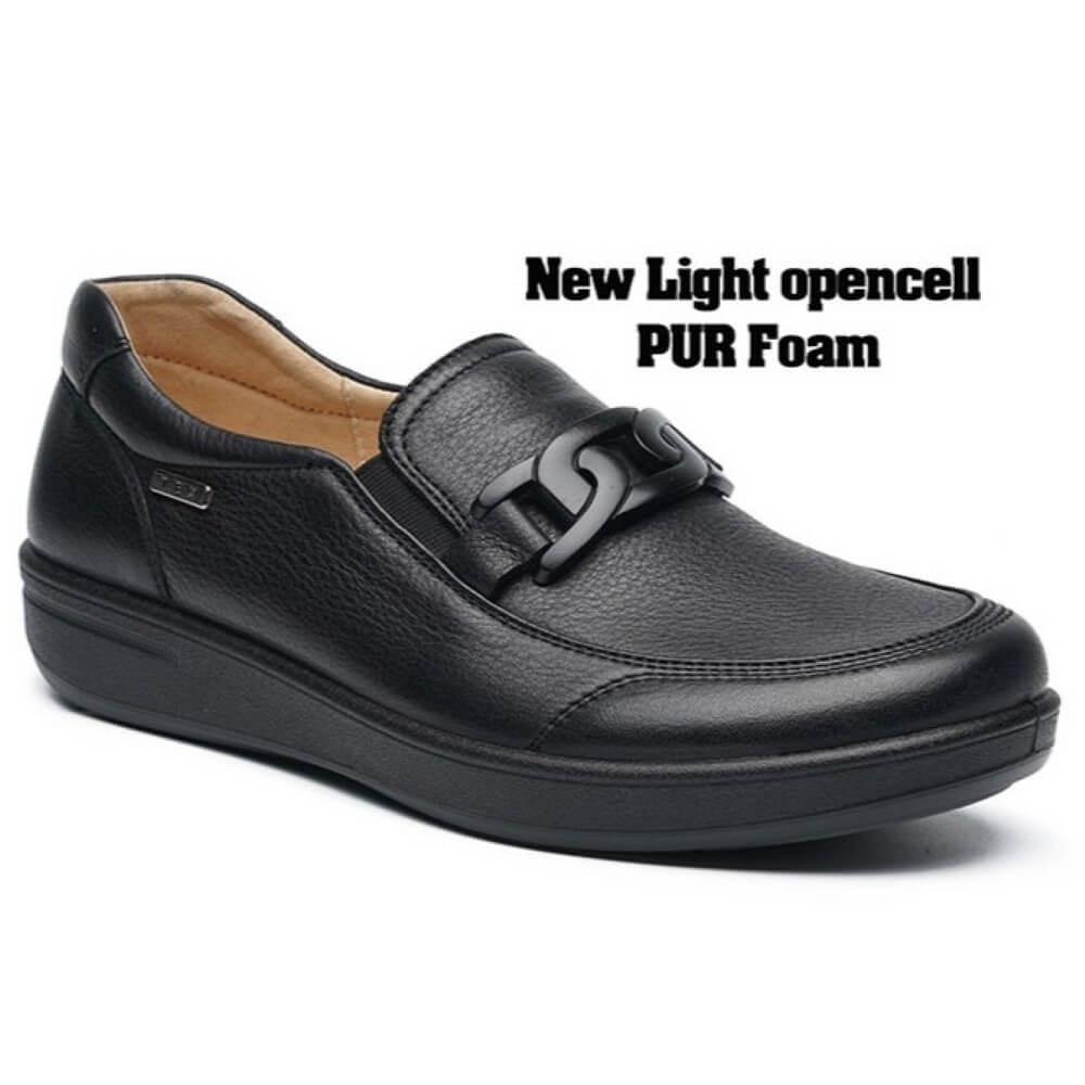 G Comfort Black leather loafer shoe on a white background