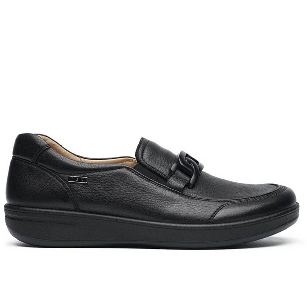 G Comfort Black leather loafer shoe on a white background