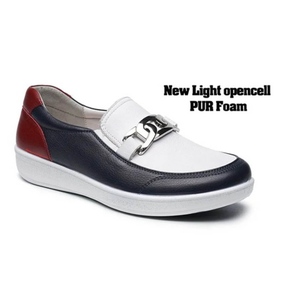 G Comfort Navy and white shoe with red accents on a white background