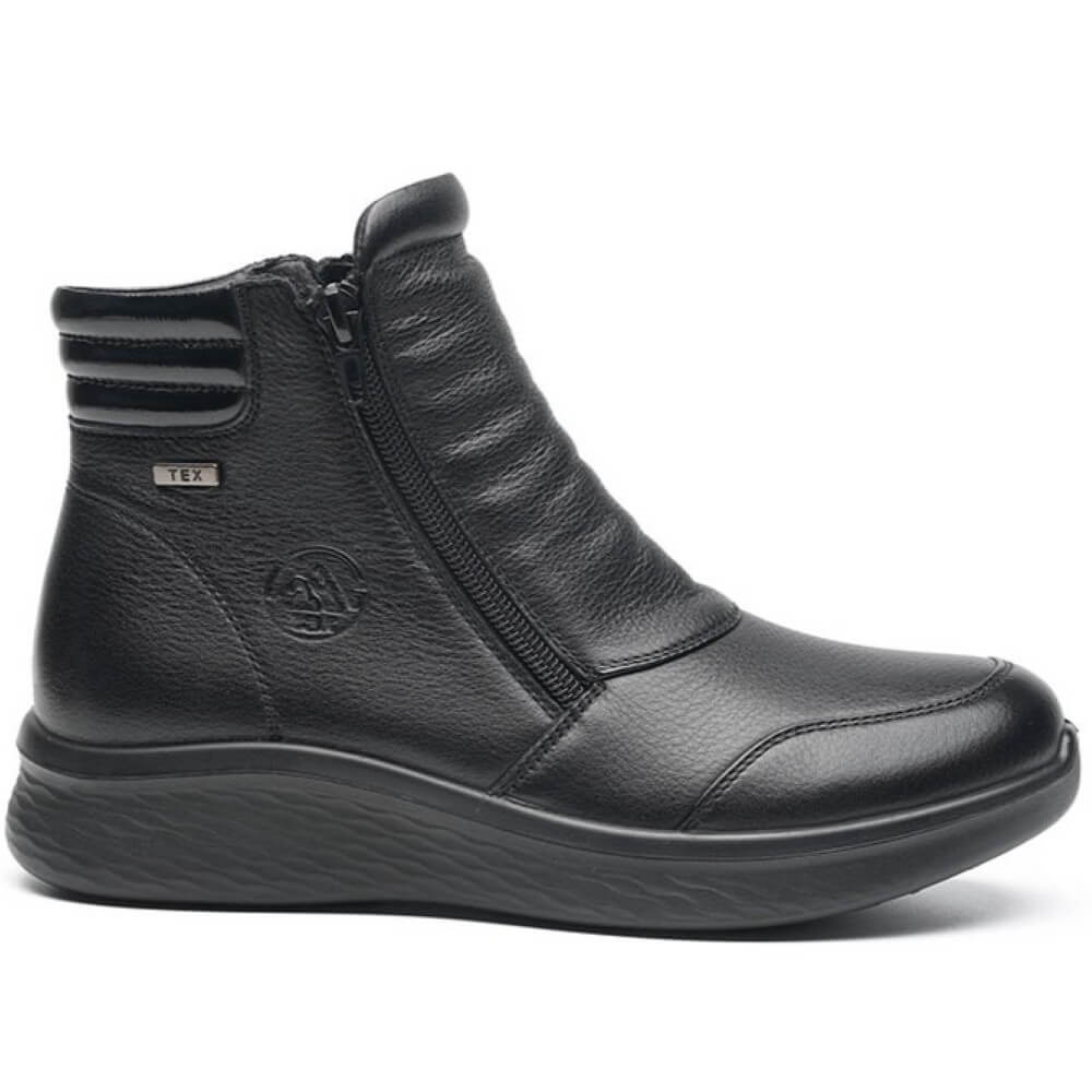 Black ankle boot with a brand logo on a white background