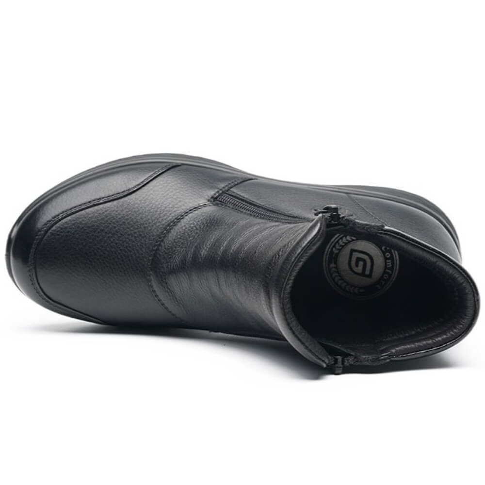 Black ankle boot with a brand logo on a white background