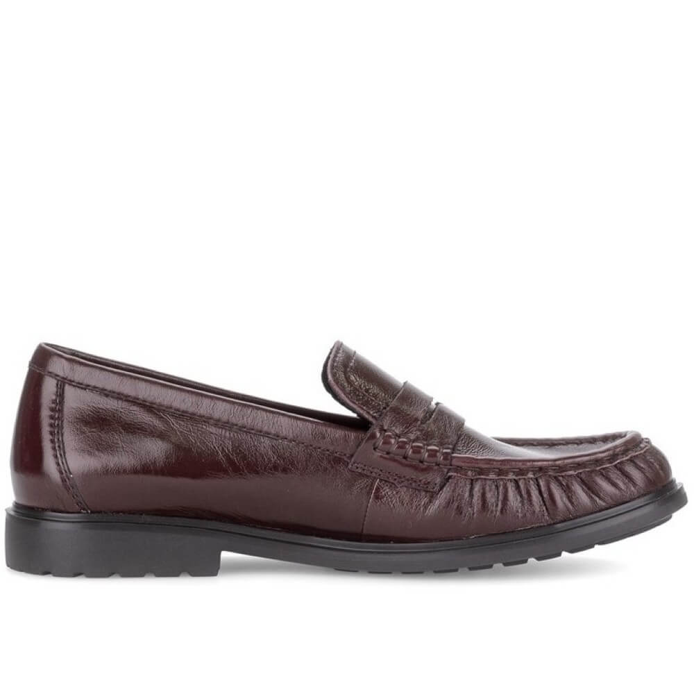 A Gabor Mulberry leather penny loafer shoe with a textured finish and a black sole, shown from a side profile on a white background.