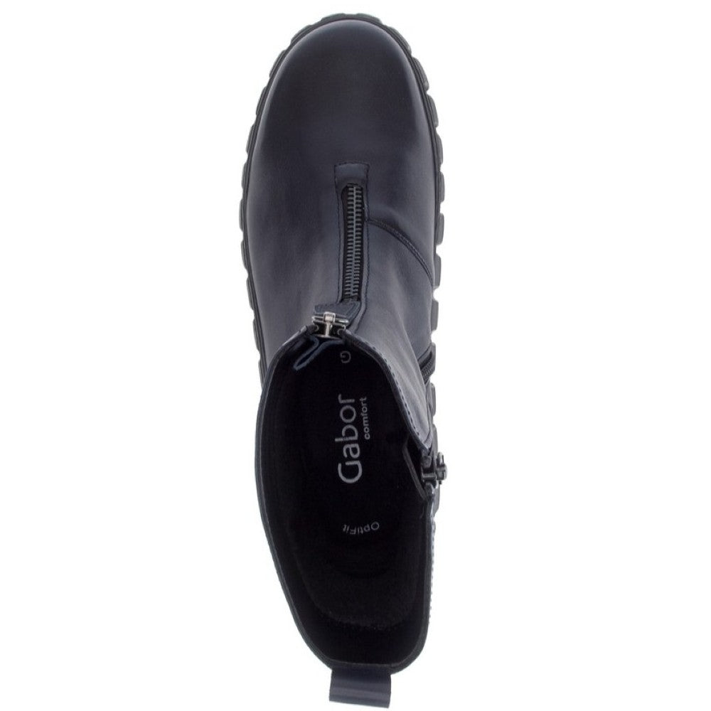 A Gabor black leather ankle boot with a side zipper, a pull tab, and a chunky ribbed platform sole, shown from a side profile on a white background.