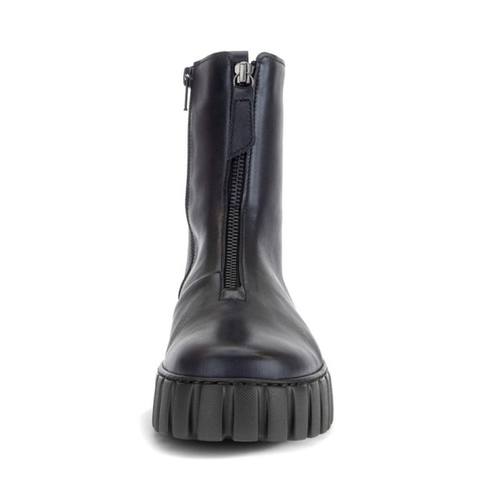 A Gabor black leather ankle boot with a side zipper, a pull tab, and a chunky ribbed platform sole, shown from a side profile on a white background.