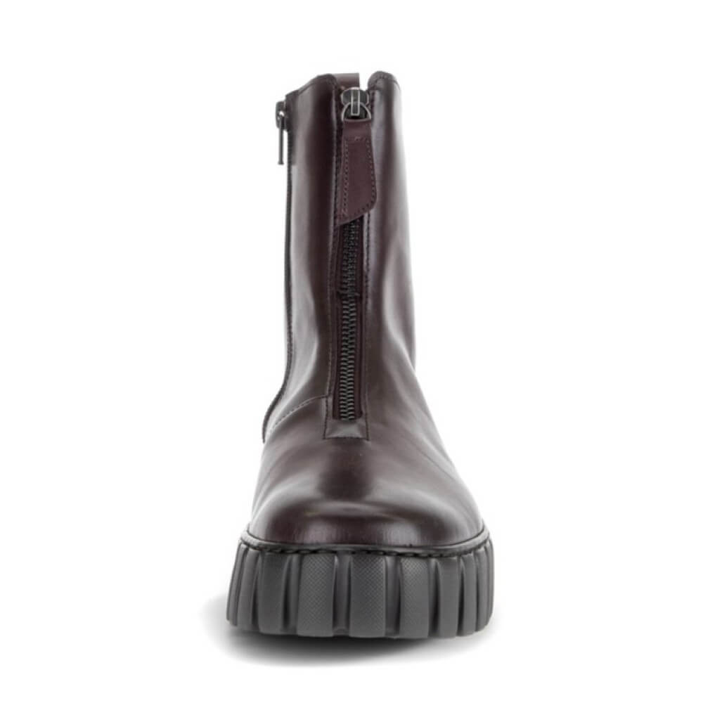Gabor wine leather ankle boot with a chunky black ribbed sole, shown from a front profile on a white background.
