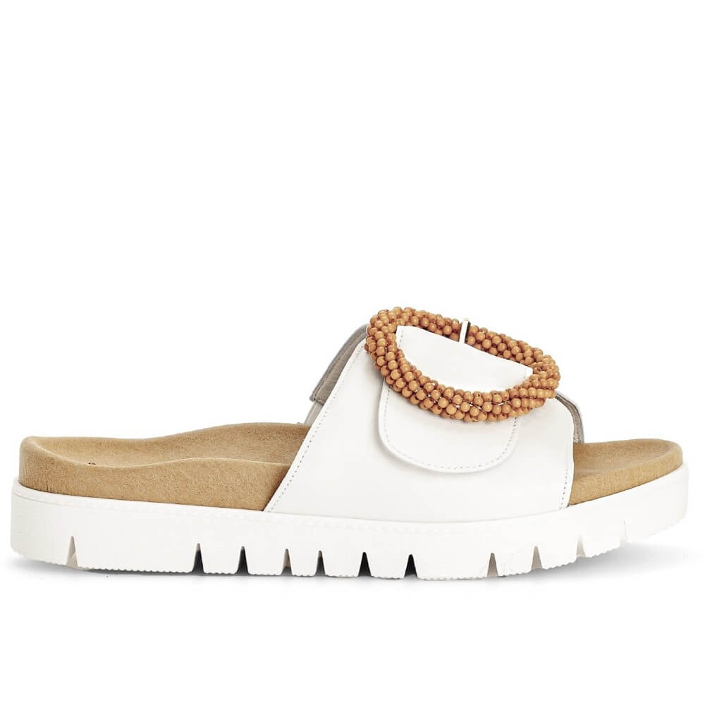 Gabor White sandal with a brown beaded strap on a white background