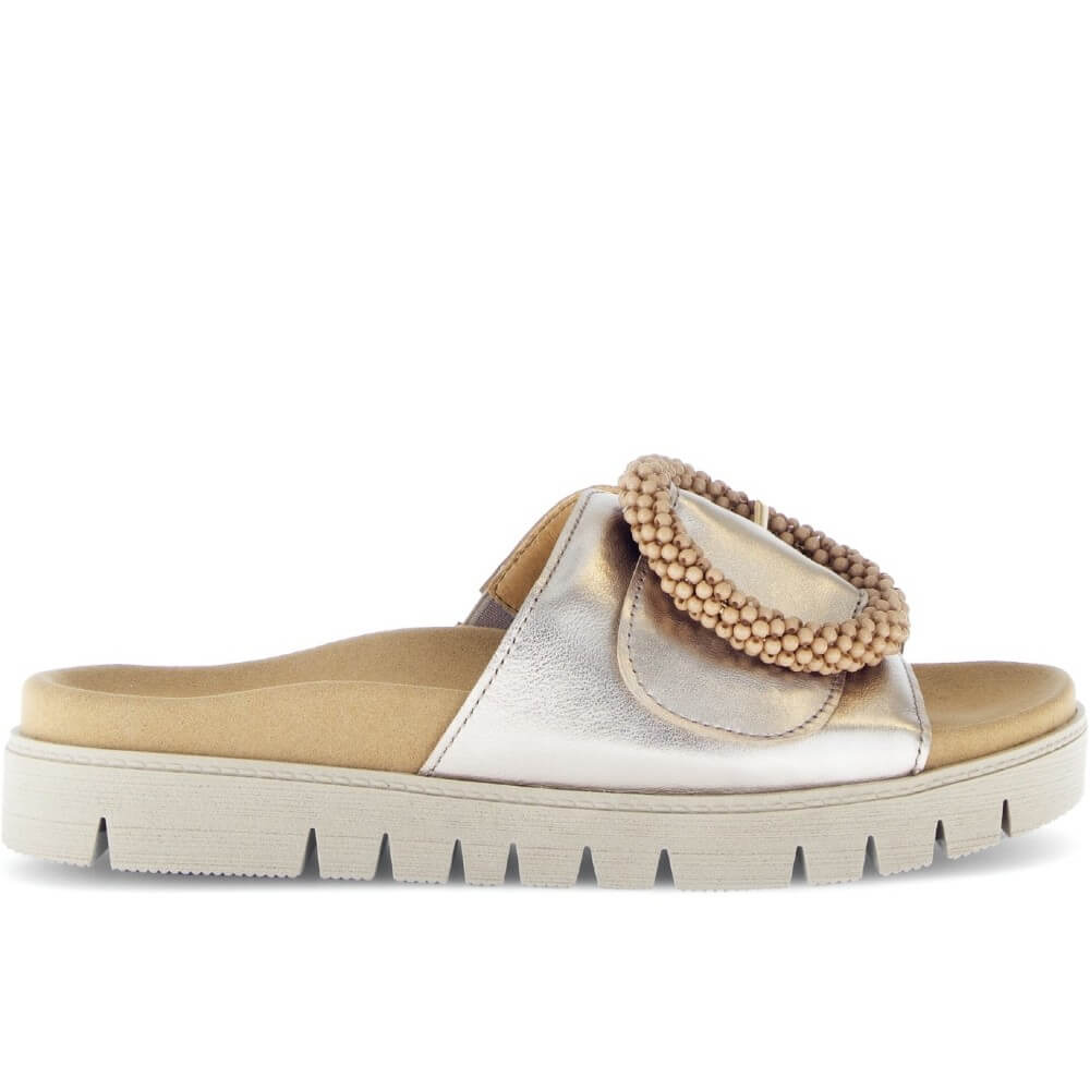 Gabor Gold Beige sandal with a beaded design on a white background