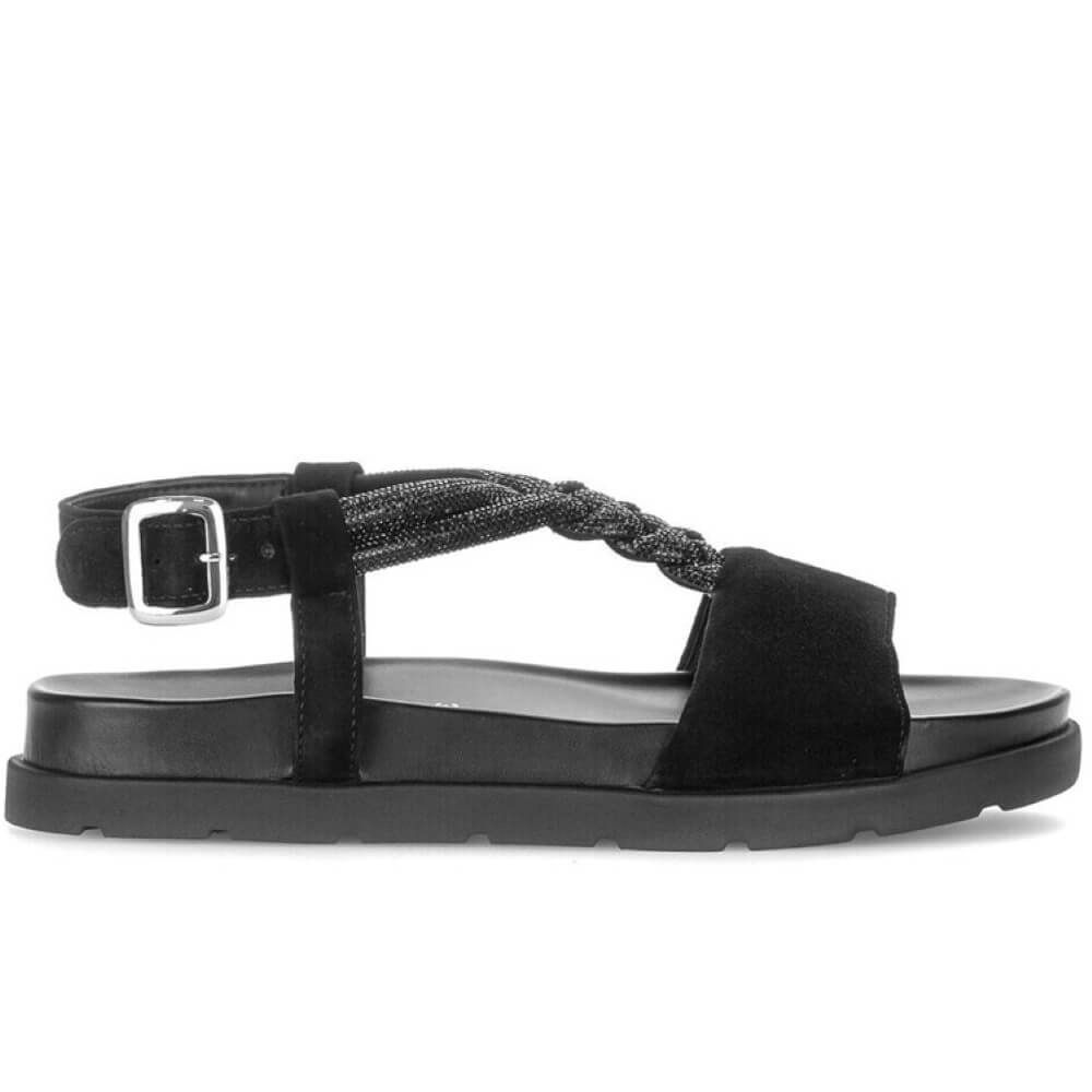 Gabor Black sandal with a braided strap on a white background